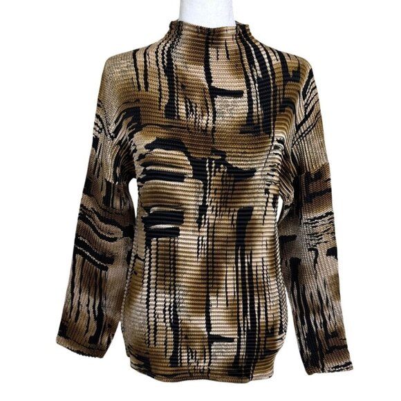 Pleated Top High-Neck Long-Sleeve Brown Black Stretch Womens Sze M - Picture 1 of 5